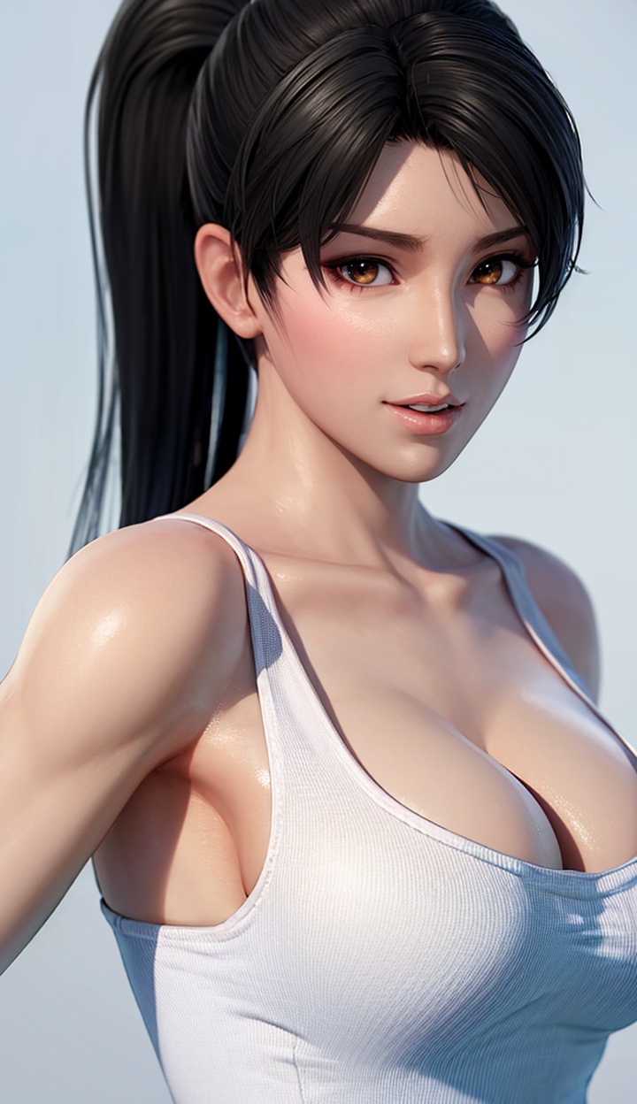 momiji,1girl,solo,swimsuit,breasts,cleavage,closed mouth,simple background,one-piece swimsuit,large breasts,white background,realistic,standing,looking to the side,upper body,front view,arms at sides,<lora:momiji:0.7>,