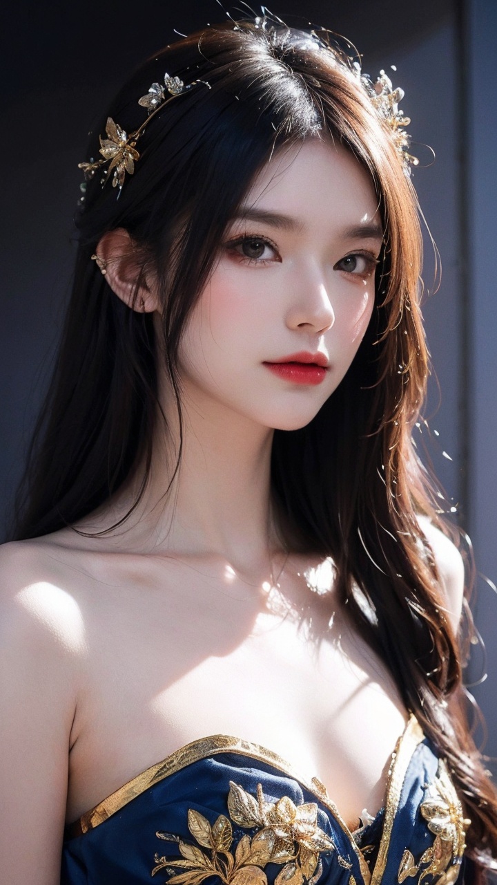 ((upper body,dynamic angle,cool pose)),((masterpiece)),((best quality)),(phot-relistic:1.4),8k,RAW photo,absurdreshyperdetailed,realistic,bokeh,depth of field,(Foreground blur:1.3),Deep Shadow,negative space,Minimalism,film grain,horror photography,vintage tone,high contrast,(dark blue theme:1.1),professional photography photos,emptiness,grand scale,central subject,intricate crystal floral patterns,dreamlike ambiance,majestic aura,detailed embroidery,fantasy setting,(fantasy theme:1.4),opulent design,lavish presentation,surreal beauty,enchanting atmosphere,(representative, best picture quality),girl,(detail:1.1),fractal art:1.4,opal rendering,divine woman,anatomical face,biomechanical details,rich details,the queen of blades,supercilious,