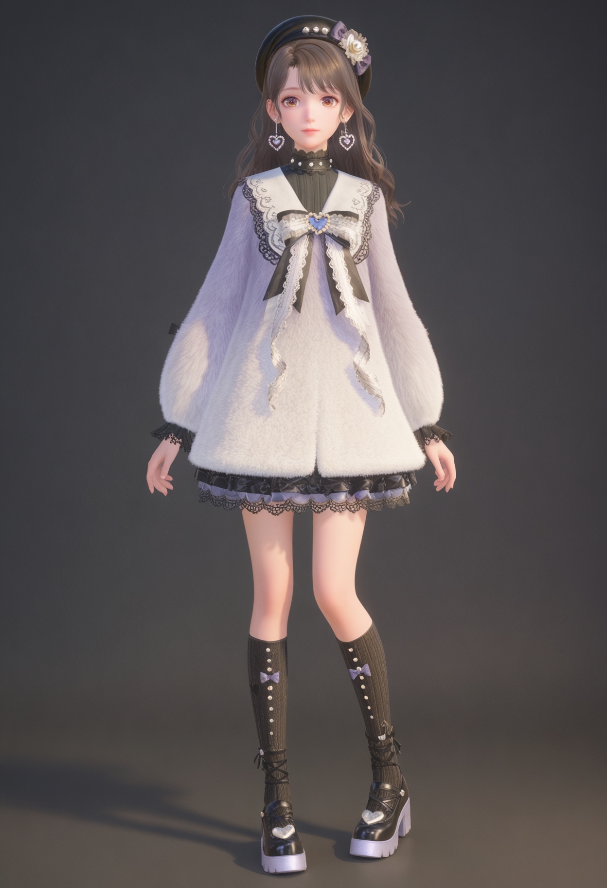 perfect_anatomy,score_9,(full_body:1.1),looking_at_viewer,<lora:YQV7_pony_nuannuan_dileimei_V6:0.8>,solo,1girl,long_hair,brown_hair,hat,black_headwear,bow,beret,jewelry,long_sleeves,earrings,brown_eyes,lace,lace_trim,heart,dress,black_footwear,socks,black_bow,platform_footwear,black_socks,boots,skirt,collar,white_dress,heart_earrings,shoes,flower,kneehighs,frills,perfect_anatomy BREAK perfect_anatomy,simple background,black background,(shiny_skin),(Ivory_skin:1.1),(cinematic lighting),