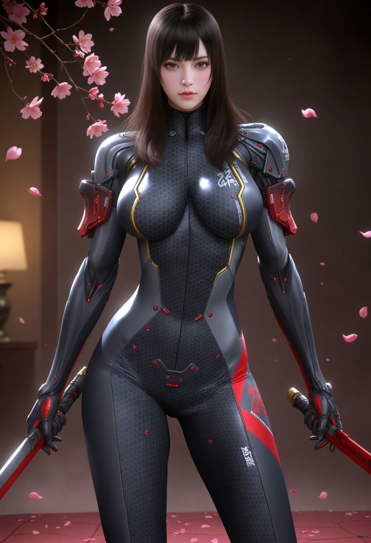 (cowboy shot:1.2),(gigantic breasts:0.6),(slender:1.3),(looking_at_viewer:1.1),(masterpiece:1.1),(best quality:1.2),(intricate details),dim lighting,(smog:1.3),(Dark room:1.3),(dim lighting:1.3),peach blossom,falling petals,<lora:YQ_Illustrious光辉v5_孙尚香_V1:0.8>,q1528437228,1girl,solo,bodysuit,long hair,black hair,high heels,brown hair,armor,black footwear,brown eyes,blunt bangs,shoulder armor,gloves,masterpiece,(best quality),(intricate details:0.9) BREAK masterpiece,(best quality),(intricate details:0.9),(realistic skin:1.2),