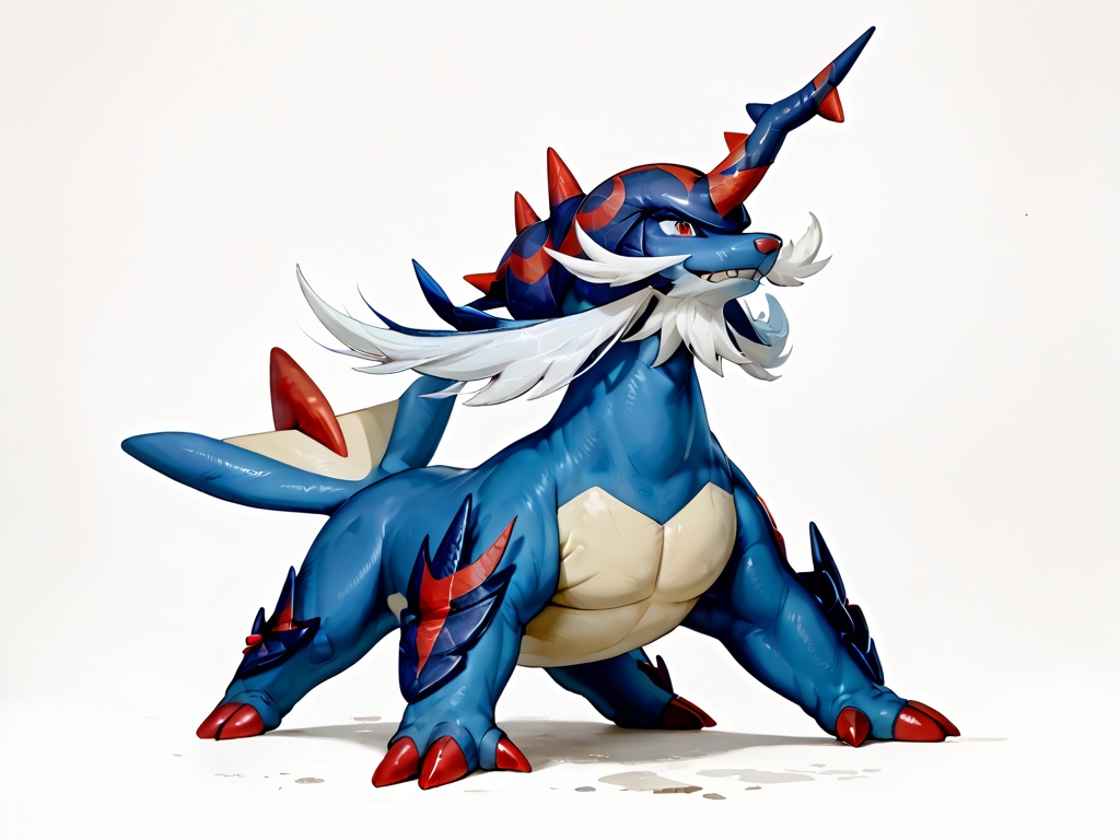 masterpiece,best quality,samurott,feral,solo,full body,pokemon \(creature\),simple background,score_9,score_8_up,score_7_up,<lora:samurott pony:1>,solo horn, white facial hair,3 claws, 2 toes,