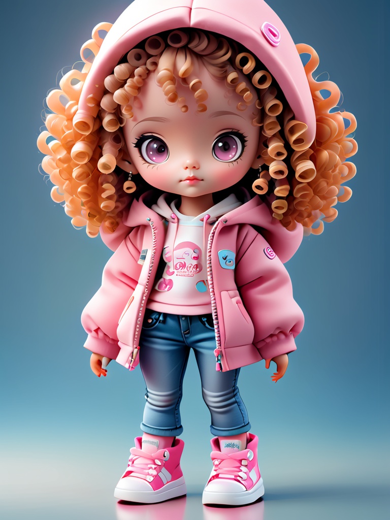 Doll design, a little girl with curly hair, pink hood, jeans, sneakers. Lovely, excellent, highest quality, detailed.