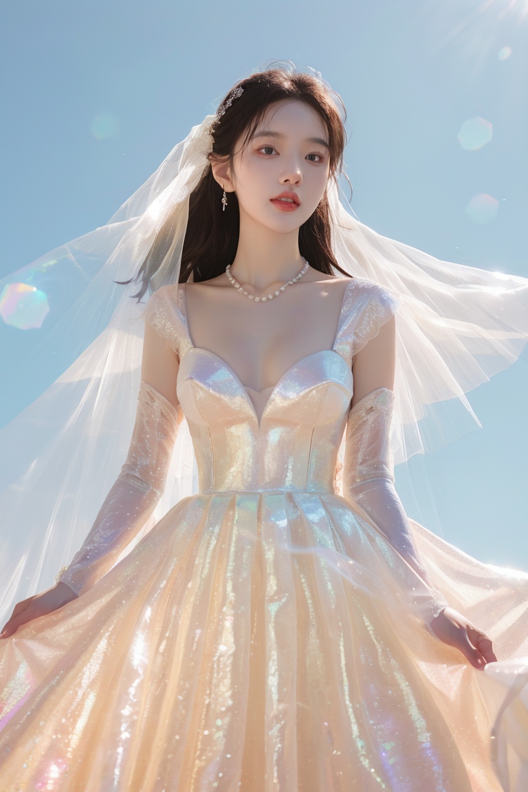 (masterpiece:1.3),(best quality:1.3),(photorealistic:1.4),see-through,midriff,pantyhose,(large breasts:1.2),yaosi,(street:1.4),(ultra detailed:1.3),unity 8k wallpaper,realistic,1girl,beautiful,smile,Big eyes more details,hair in the back of the head,a pearl necklace around the neck,(wedding dress:1.4),bright color,standing on the lawn,blue sky,floret,white clouds,soft light,early summer at seven in the morning,Jewelry,necklace,(8k, RAW photo, best quality, masterpiece:1.2),(realistic, photo-realistic),professional lighting,photon mapping,radiosity,Extreme Light and Shadow, <lora:YG彩虹糖纱婚纱:1>,