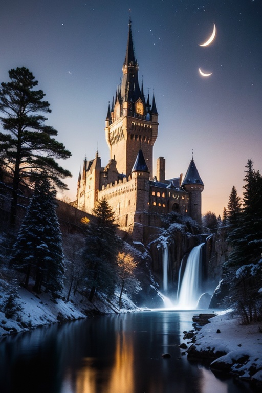 A surreal, fantasy digital painting of a glowing, ethereal Hogwarts castle nestled inside a giant crescent moon that arches upward like a cradle. The castle is illuminated from within, with golden light spilling from its windows and tall spires, casting a soft, magical glow against a deep, star-filled night sky. The crescent moon and nearby trees are dusted with shimmering frost and snow, decorated in wizarding world fashion with floating ornaments and delicate string lights that twinkle warmly among icy branches. A gentle, enchanted waterfall flows from the base of the castle, trailing down the inner curve of the moon and cascading into a calm, mirror-like midnight-blue ocean below. The water subtly glows with reflected moonlight and golden hues from above. The entire composition feels serene, celestial, and dreamlike—imbued with fairy tale charm and a sense of wonder. Hyper-detailed, soft fantasy lighting, ultra-HD resolution, photorealistic textures, enchanted atmosphere, 1x1 aspect ratio, Unreal Engine 5 aesthetic.