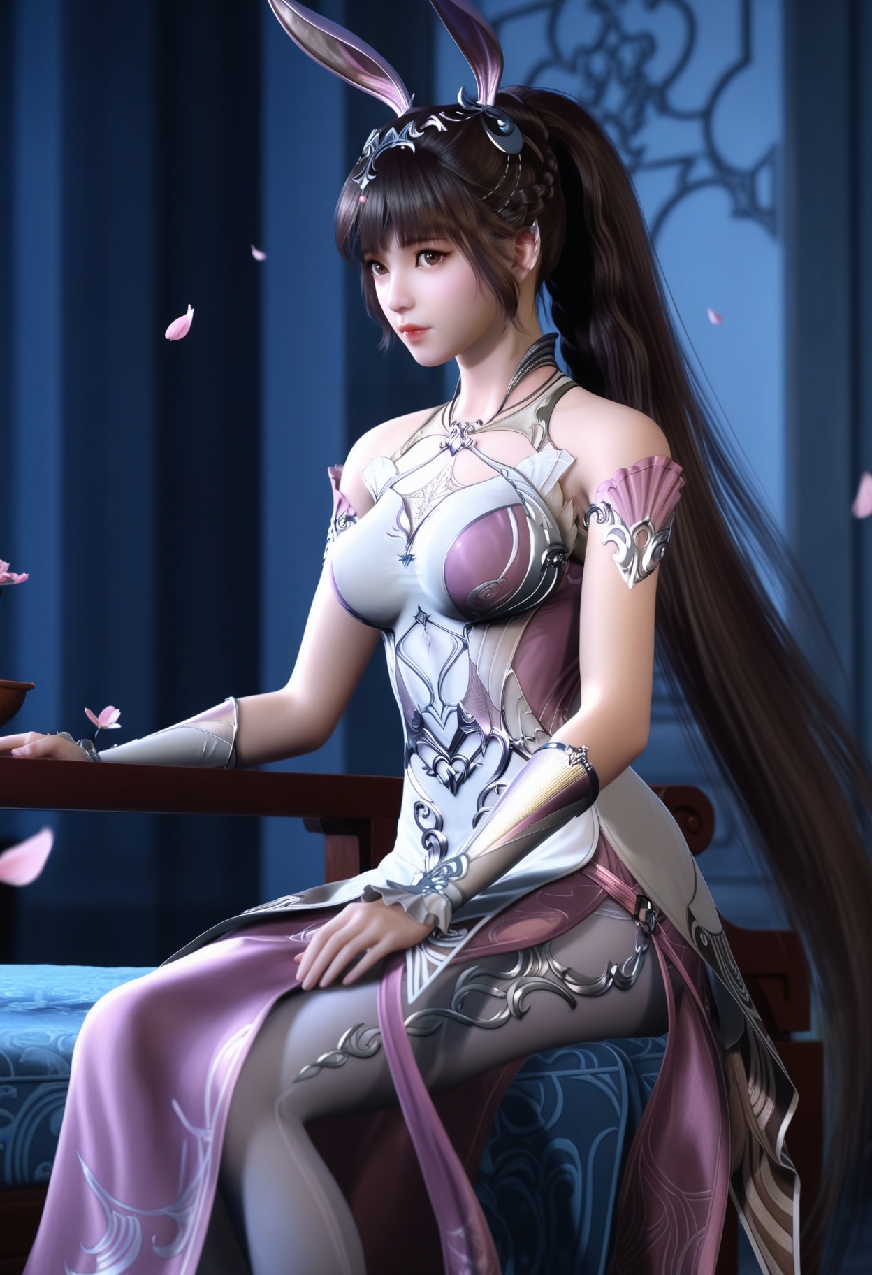 masterpiece,best quality,amazing quality,high resolution,ultra-detailed,absurdres,(looking at viewer:1.1),(Dark room:1.3),(moody lighting:1.1),peach blossom,falling petals BREAK large breasts,xiaowu,1girl,solo,brown hair,long hair,brown eyes,dress,rabbit ears,ponytail,hair ornament,pink dress,metal collar,necklace,realistic,bare shoulders,jewelry,braid,collar,pantyhose,high heels BREAK photorealistic details,<lora:QQSillxiaowuV1:0.8>,