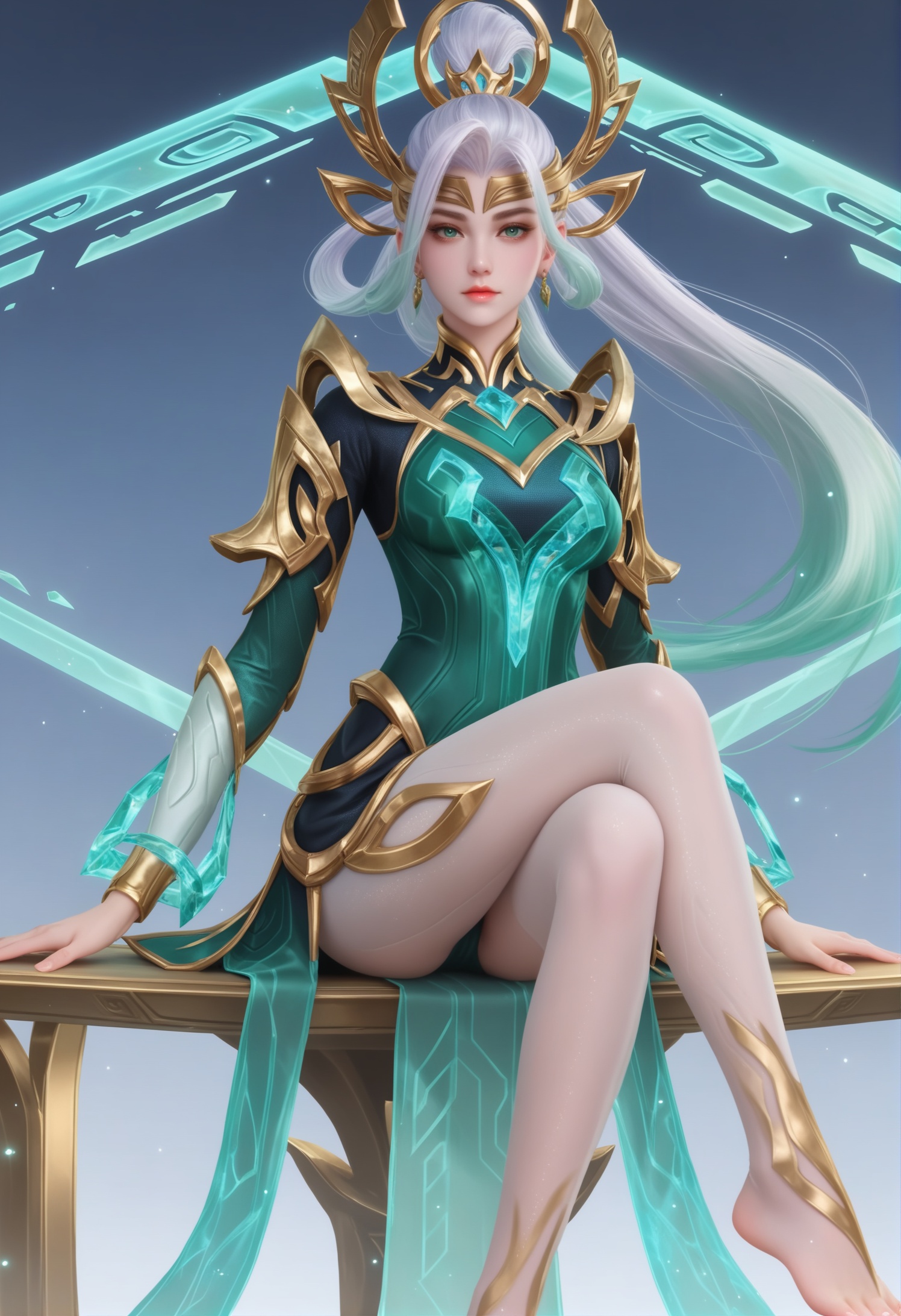 score_9,score_8_up,score_7_up,1girl,solo,sitting,(crossed_legs:1.3),(looking at viewer:1.1),(long_legs:1.1),1girl,solo,realistic,(medium breasts:1.1),dress,bodysuit,green dress,black dress,armor,multicolored hair,stirrup legwear,shoulder armor,gold trim,long sleeves,light particles,glowing,gem,floating,clothing cutout,realistic,jewelry,headdress,tiara,halo,hair ornament,hair rings,earrings,bracelet,1girl,solo,realistic,(mature face:1.1),big eye,pale_skin,shiny_skin,slender face,very long hair,white hair,high ponytail,ponytail,gradient hair,green eyes,aqua hair,eyeshadow,blue eyeshadow,closed mouth,realistic,gradient,(grey_background:1.2),gradient_background,(magazine cover theme:0.75),transparent_background,simple background,depth of field,depth_of_field,night,realistic,solid background,simple background,<lora:小巳-女娲-万灵启世pony:0.85>,