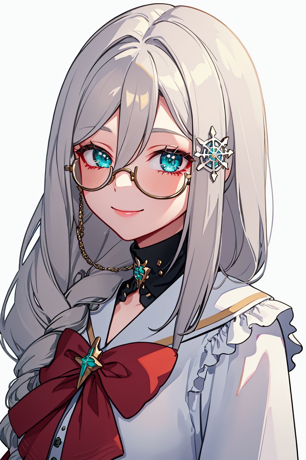 masterpiece,best quality, highly detailed, 1girl,aia amare,looking at viewer,smile,solo,virtual youtuber,white gloves,eyewear strap,long sleeves,red bow,snowflake hair ornament,closed mouth,white background,white dress,hair over shoulder,portrait,upper body,<lora:aia_amare:1>