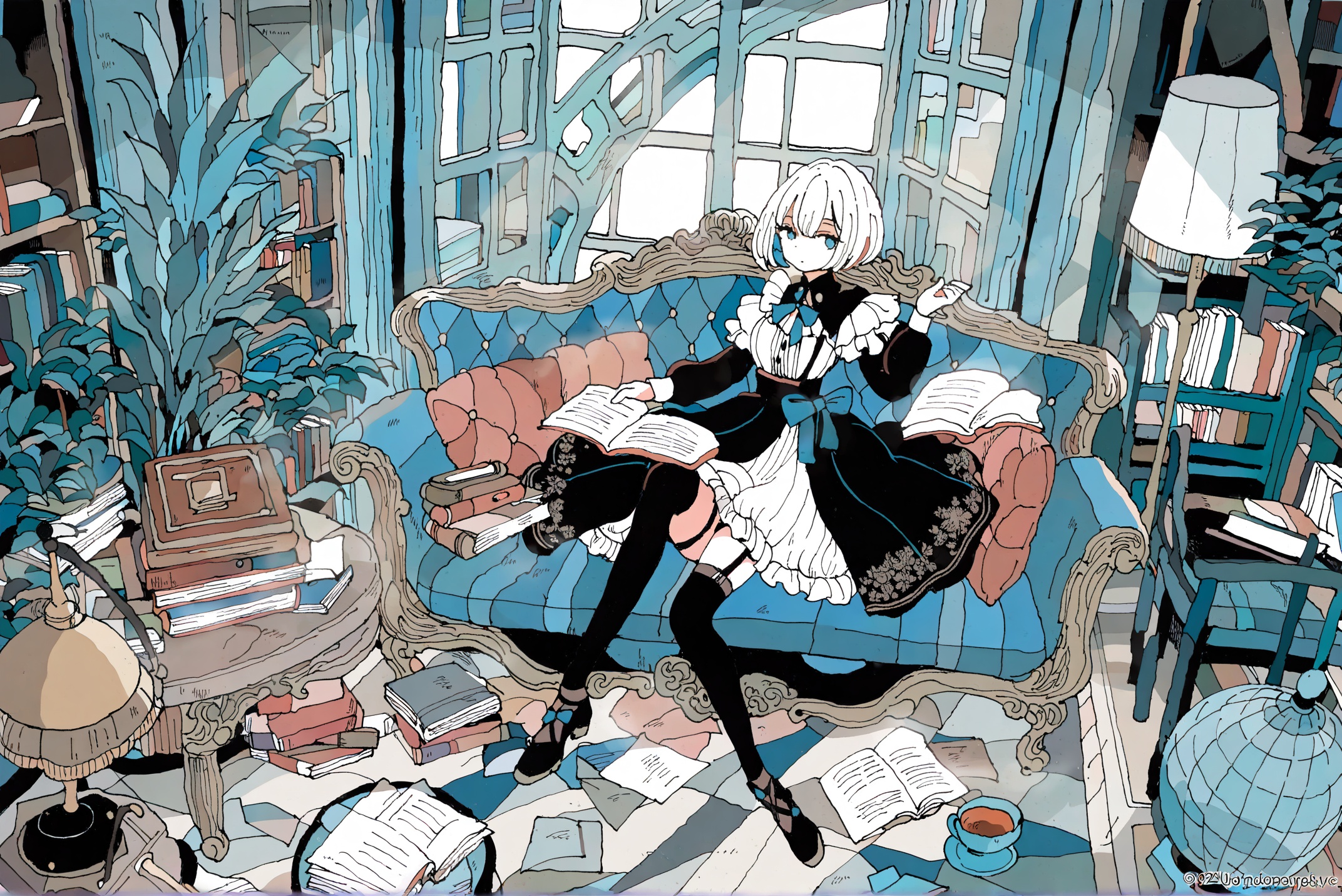 masterpiece,best quality,flat color,plane illustration,jijia,2d,anime,artist:hey,monochrome,<lora:jijia-gnoobv-Tanger-000014:0.7>,1girl,indoors,window,dress,thighhighs,book,sitting,couch,long sleeves,black footwear,chair,solo,looking at viewer,blue eyes,open book,holding,plant,bangs,breasts,garter straps,phonograph,puffy sleeves,bow,day,shoes,sunlight,watermark,black dress,frills,short hair,cup,armchair,lamp,white dress,book stack,closed mouth,table,globe,black thighhighs,white hair,