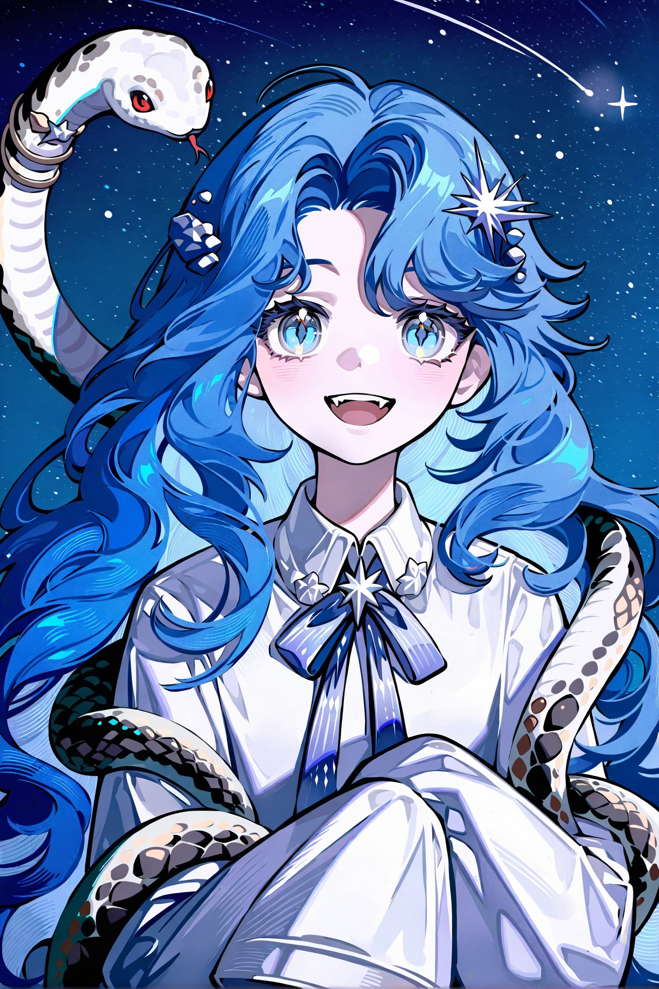 Reverse:1999, 1girl, blue hair, long hair, solo, blue eyes, smile, open mouth, upper body, shooting star, star \(sky\), shirt, sky, night, snake, sleeves past wrists, teeth, night sky, starry sky, collared shirt, looking at viewer, :d, hair ornament, fangs, parted bangs, white shirt, bow, neck ribbon, long sleeves, sleeves past fingers, bowtie