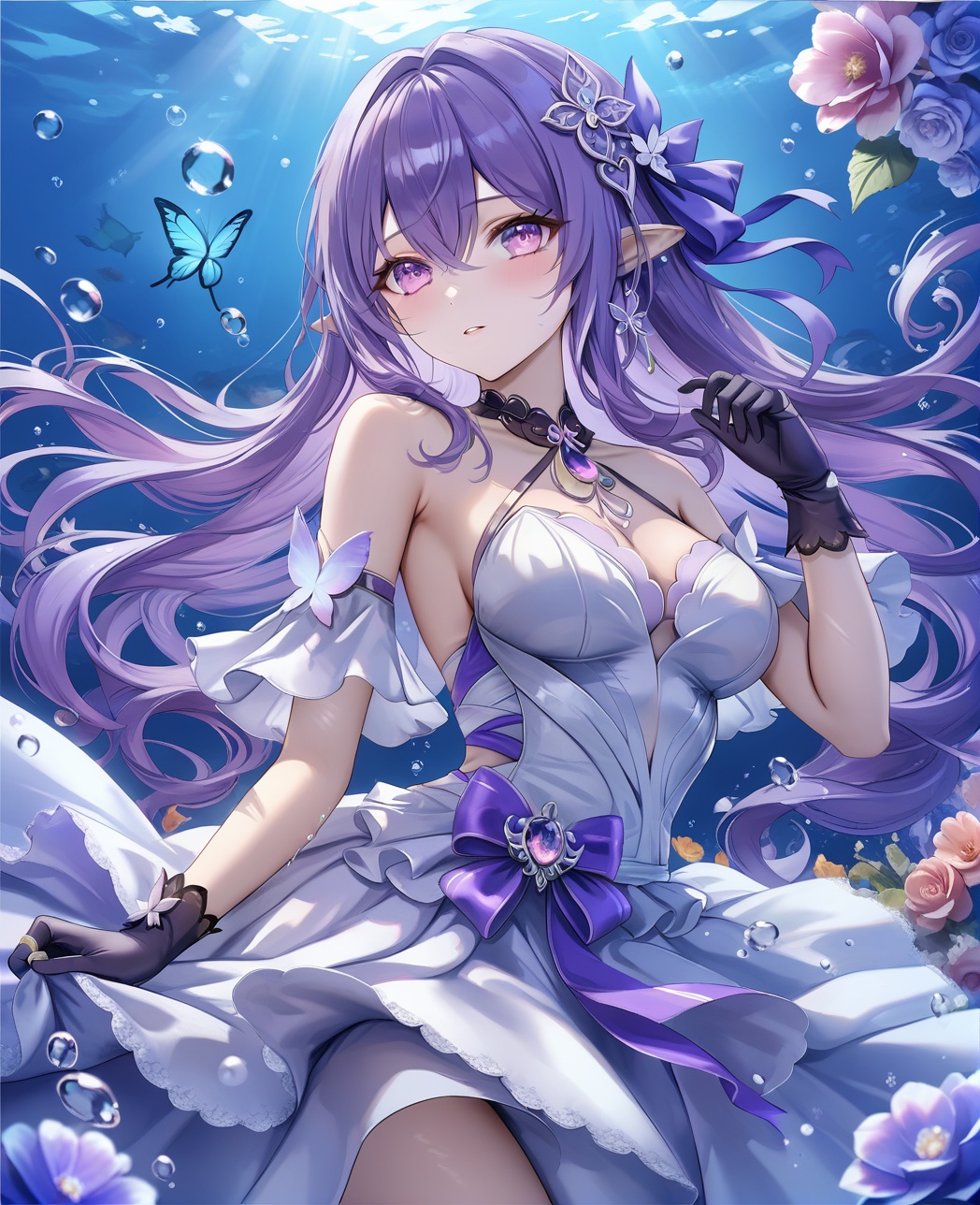 0,jw,Torino,Noyu,1girl, purple eyes, gloves, solo, pointy ears, breasts, looking at viewer, long hair, flower, bare shoulders, black gloves, purple hair, bangs, parted lips, hair between eyes, upper body, medium breasts, bubble, blush, purple gloves, ribbon, hair ribbon, dress, bug, underwater, multicolored hair, butterfly, jewelry, ring, purple ribbon, hair ornament, white dress, air bubble, hand up,(UHD),anatomically correct,accurate,textured skin,super detail,high details,award-winning,best quality,high quality,retina,16k,HD,1080P,8k,