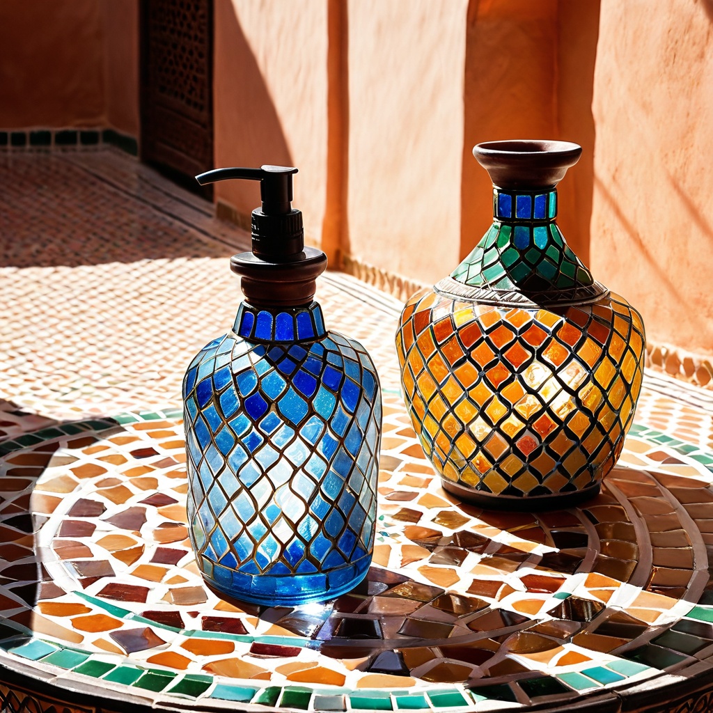 scenemorocriad,  a glass skincare bottle,  Moroccan riad courtyard table on Tensor.Art