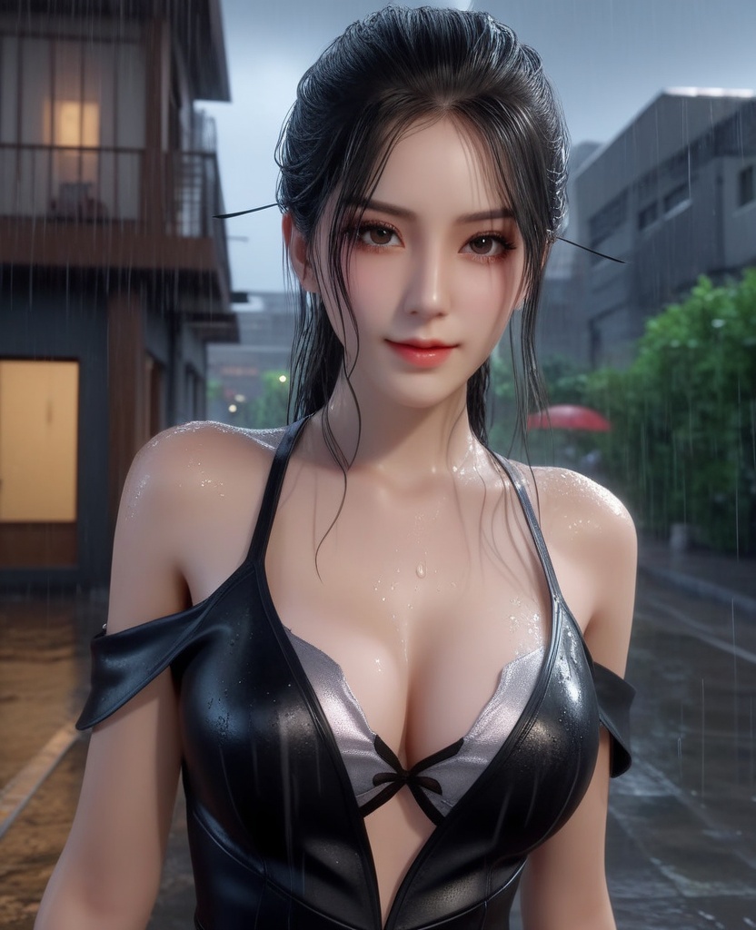<lora:574-DA-XL-天行九歌-焰灵歌:0.8>(,1girl, ,best quality, ),looking at viewer,masterpiece, (( , )),,ultra realistic 8k cg, ,      ,building, bare_shoulders,cleavage cutout, eyelashes,magic,hydrokinesis,sweat, wet, rain, ,       (cleavage), (),