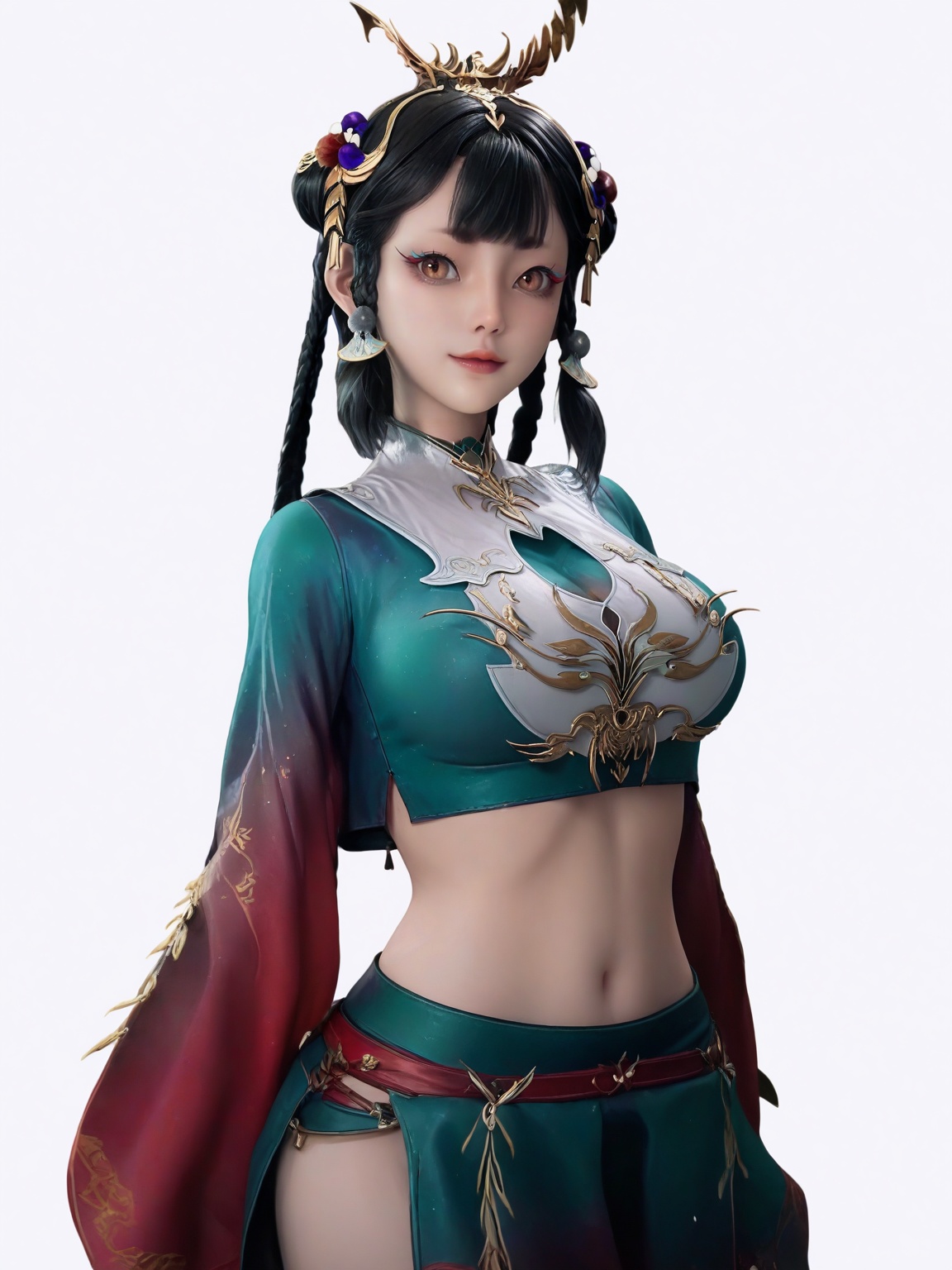 score_9,<lora:SF_XianQingEr_Pony_Realism2.3-000004:0.7>,1girl,solo,hair ornament,large breasts,black hair,bangs,braid,crop top,standing,looking at viewer,white background,simple background,