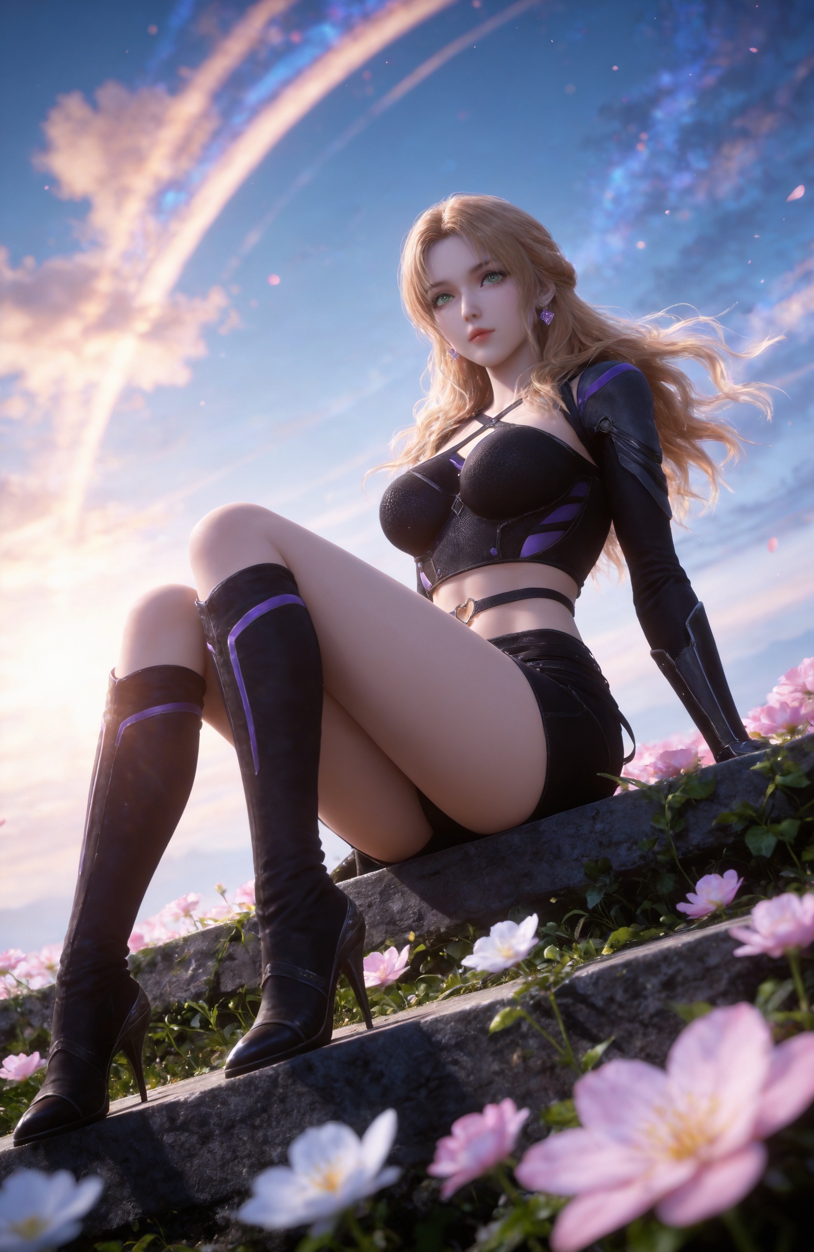 <lora:吞噬星空-珍妮特IL:0.7> 1girl, long hair, blonde hair, earrings, green eyes, crop top, midriff, black gloves, armor, miniskirt, navel, black skirt, black footwear, knee boots, realistic style photo,outstanding style,Use soft lighting to cast gentle shadows on the subject,adding a touch of dimension to your images without compromising details,whirls of vapor,(Anime:1.1),soft neon light,ethereal ambiance,delicate details,magical atmosphere,concept art,highly detailed,ultra-high resolution,32K UHD,sharp focus,best-quality,masterpiece,golden hour,unconventional supreme masterpiece,masterful details,temperate atmosphere,with a high-end texture,in the style of fashion photography,magazine style,Dynamic Angle,Dynamic posture,magazine style,Dynamic Angle,Dynamic posture,(cowboy_shot:1.2),eye trail,depth of field,cinematic lighting,lens flare,close-up,extreme aesthetic,(wlop:0.6),(honjou raita,lack,rella,wanke:0.5),masterpiece,best quality,good quality,newest,year 2025,very aesthetic,absurdres,Visual impact,A shot with tension,ultra-high resolution,32K UHD,sharp focus,best-quality,masterpiece,Emotionalization,unconventional supreme masterpiece,masterful details,temperate atmosphere,with a high-end texture,in the style of fashion photography,(Visual impact:1.2),giving the poster a dynamic and visually striking appearance,, stairs,pink flower,bare legs,toes,barefoot,blurry,sitting,full body,