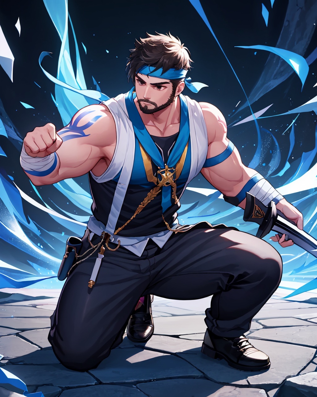 masterpiece,best quality, highly detailed, male priest (dungeon and fighter),beard, 1boy, solo, muscular male, mature male, tattoo, headband, manly, pants, biceps, bandages, one knee, sword, bara, holding, thick arms, mustache, fighting stance,<lora:male_priest_(dungeon_and_fighter):1>