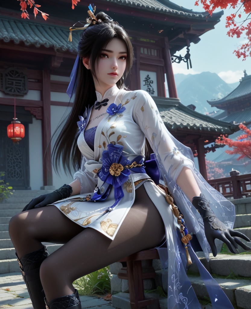 (oriental architecture, elegant decor, sophisticated style:1.1),(slouching:1.1),(breasts:1.2),<lora:XL32顾清寒冰雁:0.95>,miss guqinghan,white dress,purple lingerie,sash,black hair,long hair,hair ornament,black gloves,black pantyhose,black boots,fart curtain,, score_9,score_8_up,score_7_up,score_6_up,score_5_up,score_4_up,3d rendering,tag1,tag2, Cinematic Lighting,backlighting,