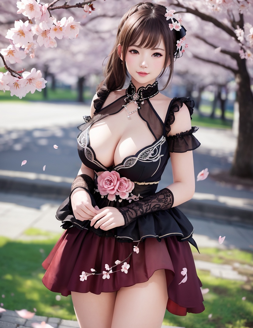 realistic, masterpiece, (,1girl, pov,best quality, ) , (,1girl, solo, large breasts, looking at viewer, cherry blossoms, )  <lora:Amy202010Halloween:0.6>