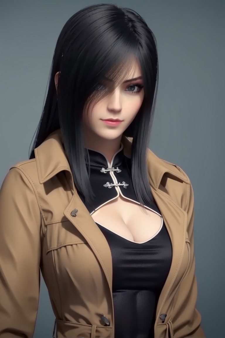 ((HRD, HUD, 8K)),((masterpiece, best quality)), highly detailed,1girl, solo, black hair, long hair, lips,breasts, large breasts, cleavage,coat, dress, chinese clothes, cleavage cutout, clothing cutout,simple background, grey background, upper body, standing, looking at viewer,<lora:超神学院黑甲凉冰_2.0:0.73>