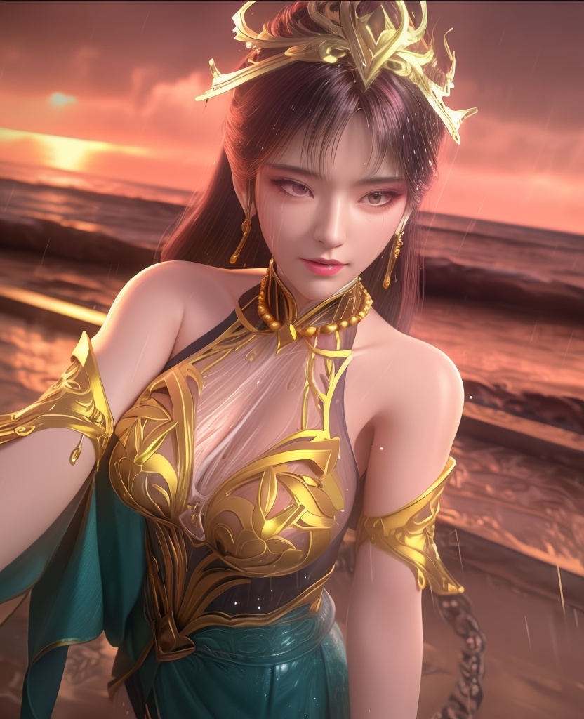 <lora:598-DA-百炼成神-毒血夫人:0.8>(,1girl, ,best quality, ),looking at viewer, ,ultra detailed 8k cg, ultra detailed background, ultra realistic 8k cg,  ,masterpiece((((1girl, solo,  , ,solo focus, wet,sweat, ocean,rain, water drop, )))) (, , sweatdrop, flying sweatdrops, sweating profusely,colorful drop \(module\), )   clean, masterpiece,     cinematic lighting, cinematic bloom,   , unreal, science fiction, luxury, jewelry, diamond, gold, pearl, gem, sapphire, ruby, emerald, intricate detail, delicate pattern, charming, alluring, seductive, erotic, enchanting, hair ornament, necklace, earrings, bracelet, armlet,halo,