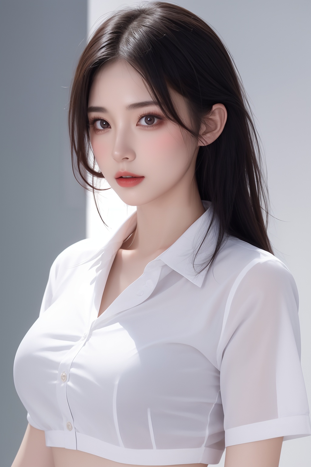 1girl, black hair, bra, bra visible through clothes, breasts, brown eyes, collared shirt, large breasts, lips, long hair, looking at viewer, nose, photorealistic, realistic, see-through, shirt, short sleeves, solo, underwear, upper body, wet clothes, wet shirt, white shirt, wing collar <lora:美女:0.8>