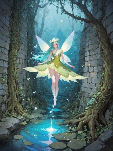 masterpiece, very awa, very aesthetic, newest,best quality, amazing quality, delicate,minimalism, ethereal atmosphere, fairytale, glowing beam of light, tree vine, stone wall with ivy, flying fairy, glowing pond,  dynamic angle, dynamic pose, detailed background, fairy leaf dress, fairy leaf headress,a girl, gorgeous girl, detailed face,sleek long hair, flowing hair,looking at viewer, light smile