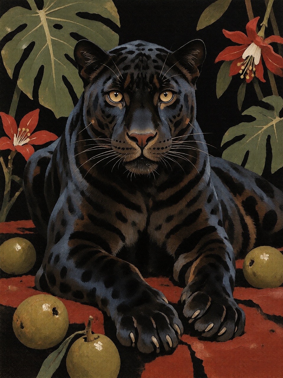 A magnificent black panther reclining among oversized emerald leaves,  exotic red flowers and golden fruit. Its amber eyes...