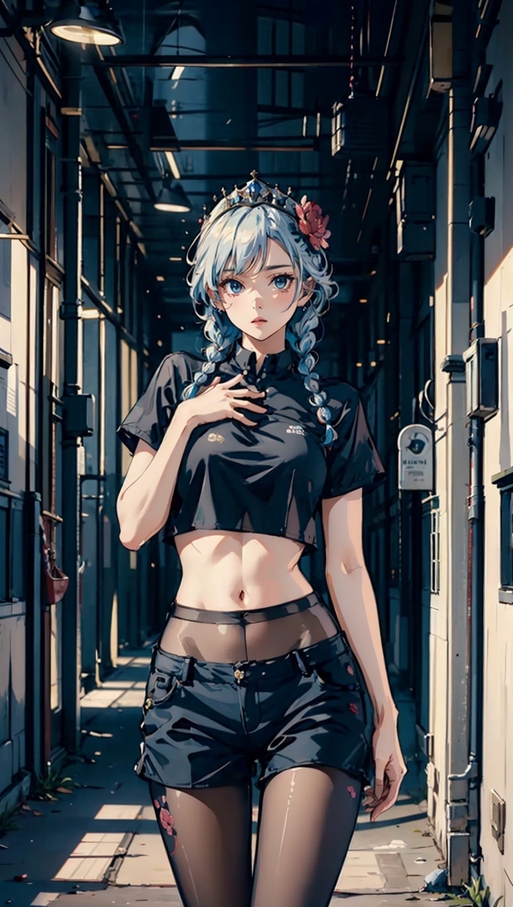((masterpiece)),best quality,perfect anatomy,8K wallpaper,mWaistSilk,pantyhose,shirt,crop top,1girl,hair_flower,twin braids,tiara,cowboy_shot,standing in tunnel,<lora:mWaistStockings:0.7>,