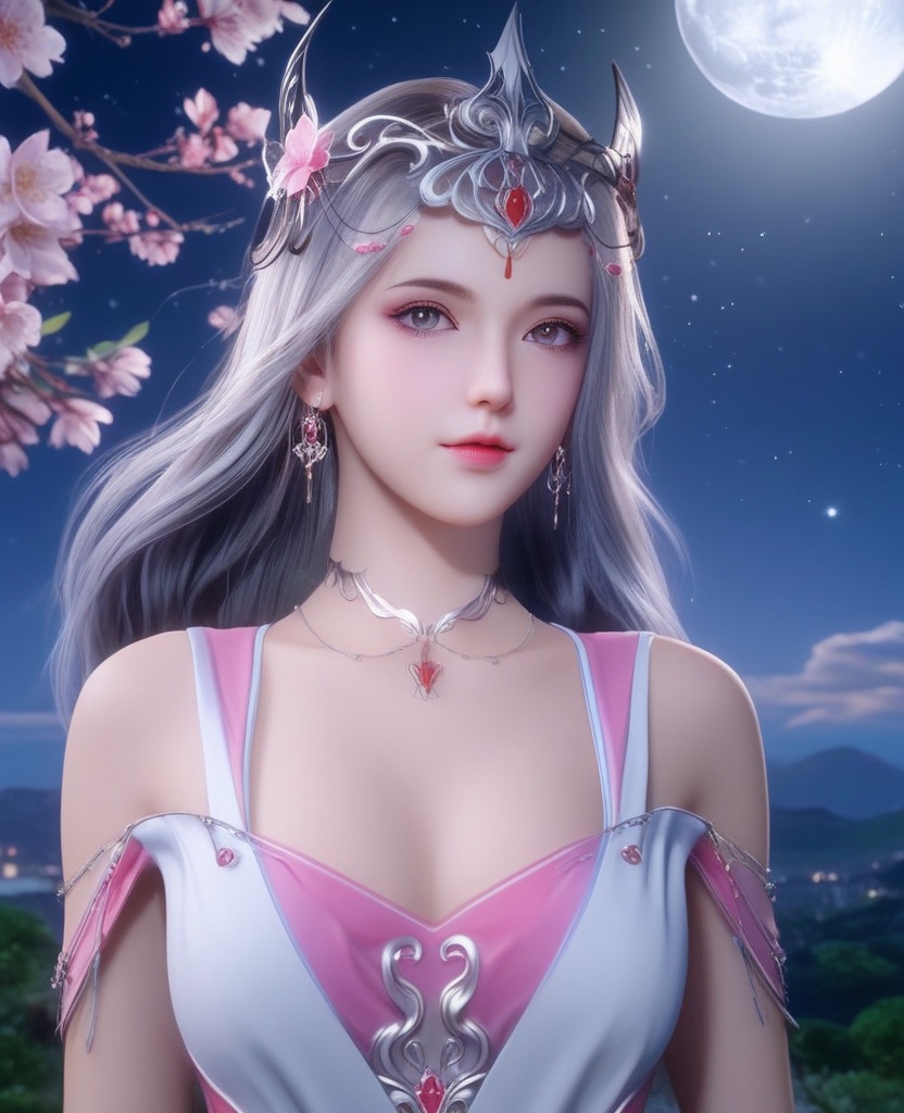 <lora:700-DA-XL-斗罗大陆-波赛西:0.8>(,1girl, ,best quality, ),looking at viewer,  ,ultra detailed background,ultra detailed background,ultra realistic 8k cg,, ,masterpiece, (( , )),, ,   ,   cure blossom, full moon,night,night sky,  (cleavage), (), ,,