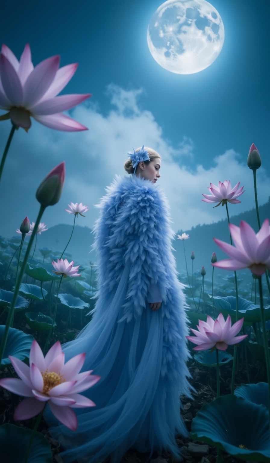 first-person perspective,this image depicts a surreal and enchanting scene with ethereal lotus flowers in various shades of blue and purple,symbolizing purity and enlightenment. A figure draped in a flowing gown of feathers and fabric resembling plumage stands amidst the blossoms,suggesting a connection with nature. The setting is further embellished with mist and a full moon,evoking a mystical and tranquil atmosphere. The use of light and shadow adds depth,highlighting the intricate details and textures within the composition.,simple,(blurry background:1.1),blurry, <lora:特色镜头FLUX:0.8>