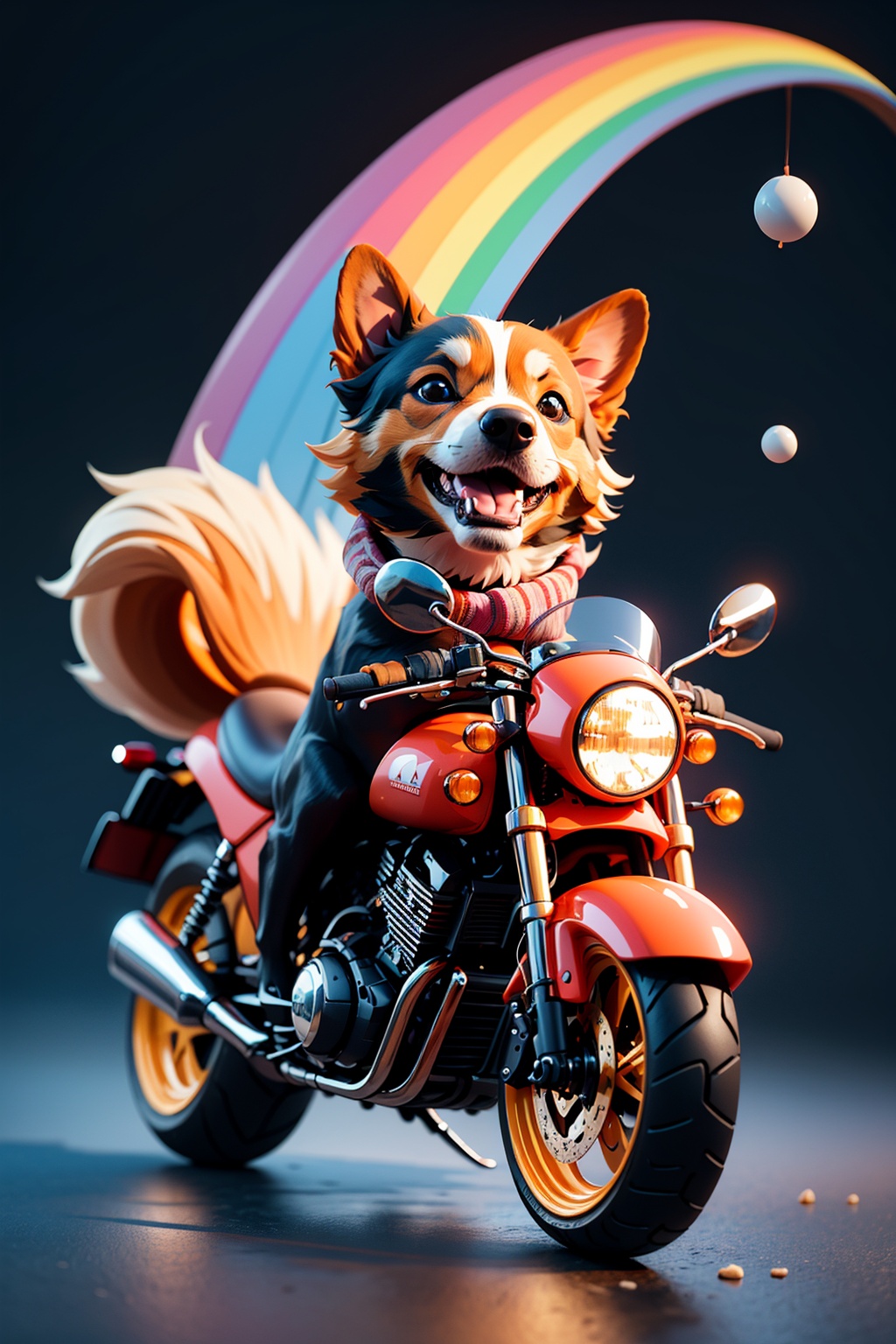 Best quality,masterpiece,ultra high res,very beautiful,high quality,(a dog riding a motorcycle:1.1),corgi,dog,solo,(motor vehicle:1.2),riding,scarf,running on the rainbow,tree,extreme perspective,looking up at the camera,rainbow,furry,3d style,C4D,blender,kawaii,water spray,speed,bifrost,