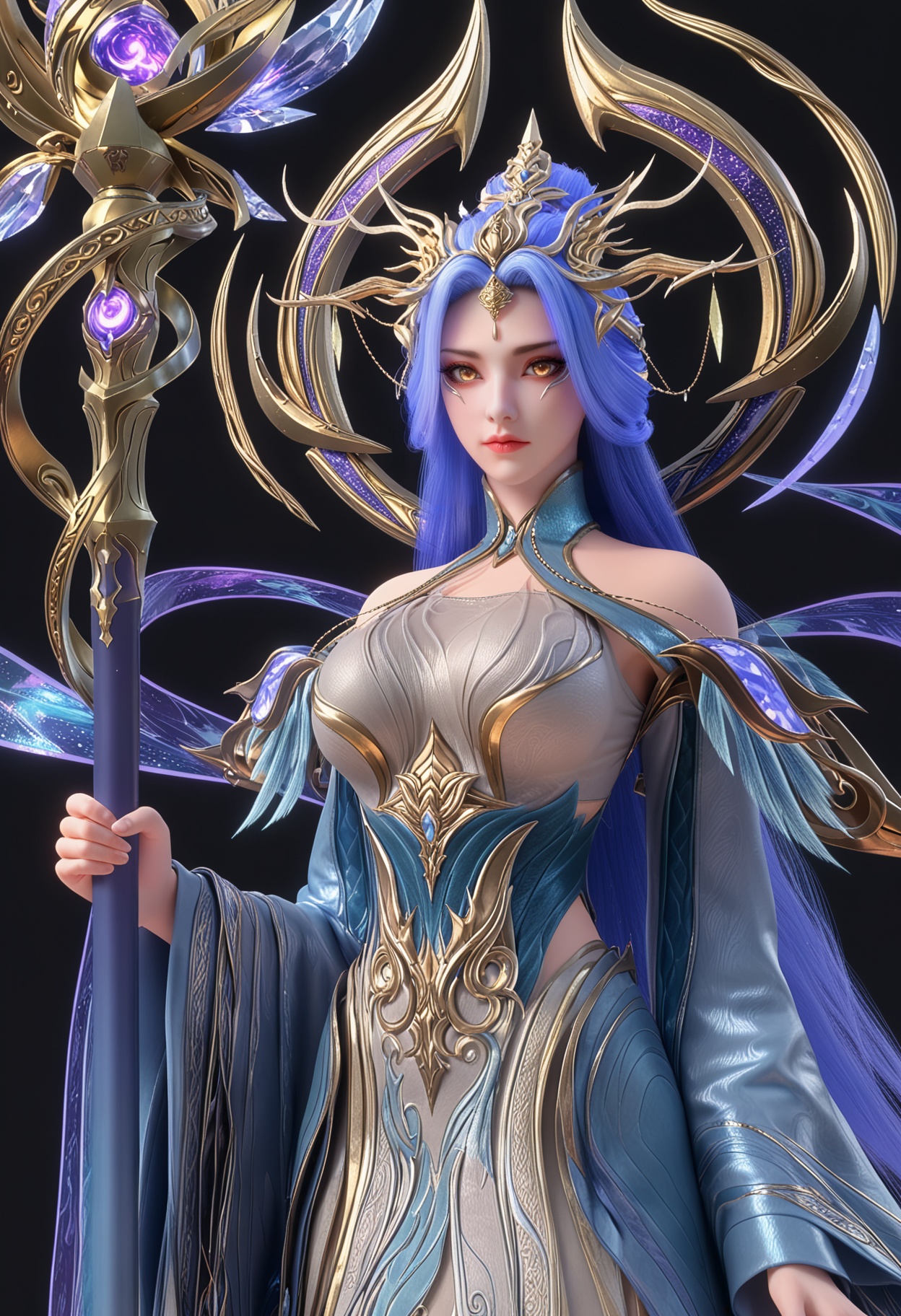 score_9,looking_at_viewer,upper body,(large breasts:0.8),zetiannvdi,1girl,solo,long hair,blue hair,hair ornament,dress,closed mouth,staff,long sleeves,bare shoulders,holding staff,detached sleeves,yellow eyes,wide sleeves,makeup,(simple background,pure black background,black background:1.1),perfect_anatomy,<lora:QQSponyzetiannvdiV1:0.8>,