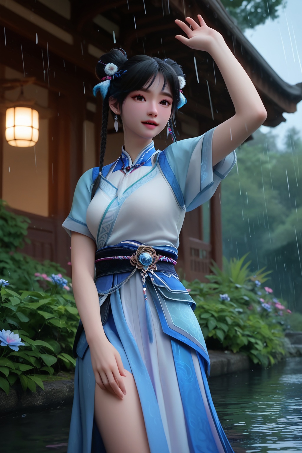 (Dancing in a rain shower, she embraces the joy of being drenched, her movements fluid and graceful:1.2),looking at viewer,<lora:XL16神国之上宁小龄:0.85>,preteen girl,white short dress,blue bolero,black hair,braid,double bun,hair ornament,jewelry,sash,necklace,(large breasts:1.2),tree,flower,pink_flower,water,stone,flowers_Surrounded,pondel,, score_9,score_8_up,score_7_up,score_6_up,score_5_up,score_4_up,3d rendering,tag1,tag2, Cinematic Lighting,backlighting,