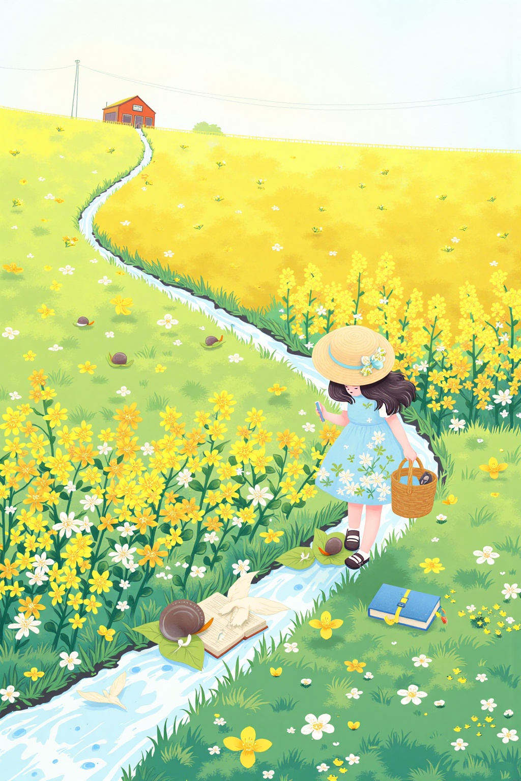 Illustrations depicting spring,In the spring fields,a young girl dressed in a light blue floral cotton dress and wearing a woven straw hat moves through the golden rape blossom fields with a small bamboo basket. She hums a cheerful tune while gently picking fresh wild vegetables. The breeze blows,lifting her skirt and the hair adorned with forsythia flowers. She then walks to the field ridge,crouches down to curiously and tenderly observe a small snail on a grass leaf,and rises to walk to a nearby clear stream. She places the bamboo basket by the stream and squats to scoop up the cool stream water and sprinkle it into the air. Afterwards,she sits on the grass by the stream,takes out an old poetry book from the bamboo basket,and quietly reads under the warm sunlight. Around her are blooming wildflowers and fluttering butterflies. In the evening,the sunset's afterglow shines upon her as she walks along the country path with the bamboo basket on her back,and the figure gilded with golden light gradually fades away.,