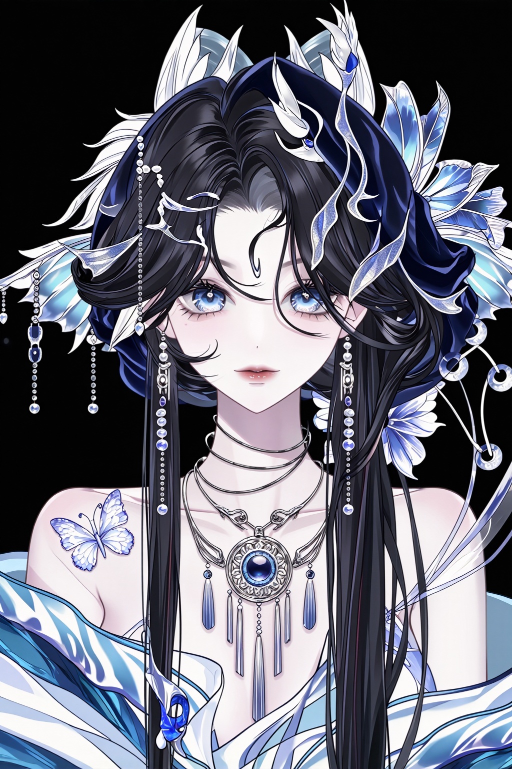 A young woman with pale skin and large,  luminous blue eyes gazes forward,  her dark hair adorned with an elaborate headdr...
