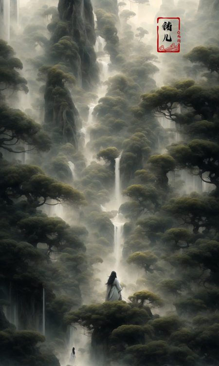 an painting in a style of oriental painting, in the style of matte painting, layered and atmospheric landscapes, rich and immersive, quiet contemplation, dark white and green, history painting, zen-inspired, grandeur of scale，highly detailed, dynamic, cinematic, stunning, realistic lighting and shading, vivid, vibrant, 8k,octane render, unreal engine, very detailed, concept art, realistic, Cry engine, wide shot，2girl，very long hair，white hair，(upper body:1.5)，<lora:绪儿-松pine:0.9>