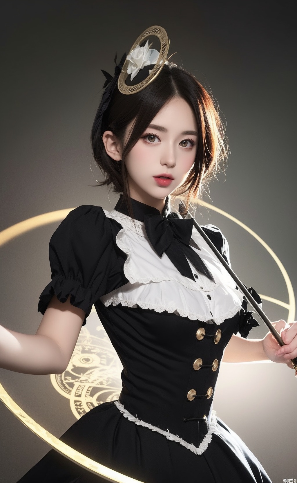 masterpiece,extremely detailed CG unity 8k wallpaper,realistic,((sfw)),1girl,solo,dark persona,illustrious,lolita fashion,(Magic Circle:1.2),Magical girl,Wand,<lora:20d:0.2>,<lora:heisi:0.2>,(bust:1.1),<lora:hyoppeu1.0.1:0.7>,short hair,