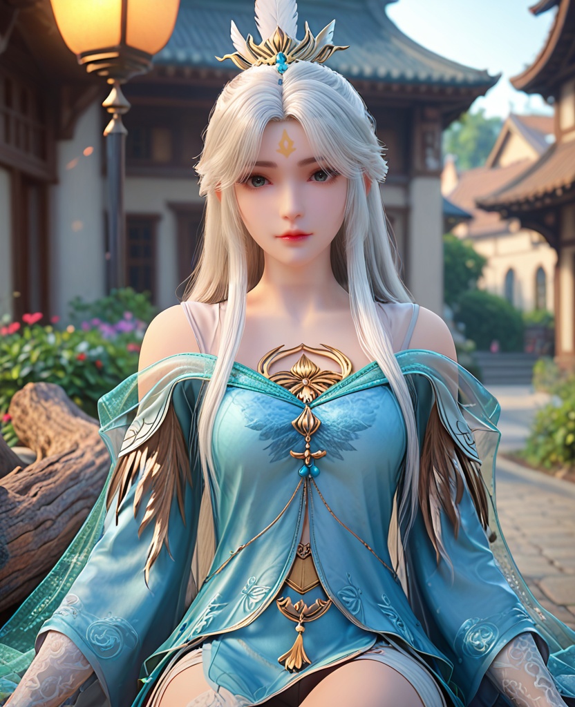 (oriental architecture, elegant decor, sophisticated style:1.1),Sitting on a fallen log, legs crossed, looking content and peaceful,,(breasts:1.2),<lora:XL完美世界银凰雪琳:0.9>,miss xuelin,solo,blue topwear,see-through shawl of green,side slit maxiskirt of silver,blue eyes,eyelashes,bangs,forehead mark,white hair,long hair,hair ornament,jewelry,bare shoulders,lips,hanging hair,opera sleeves,, zPDXL2, score_9, score_8_up, score_7_up BREAK realistic, masterpiece,best quality, highly detailed,, zPDXL3, zPDXL2,zPDXL, zPDXLxxx, zPDXLrl,