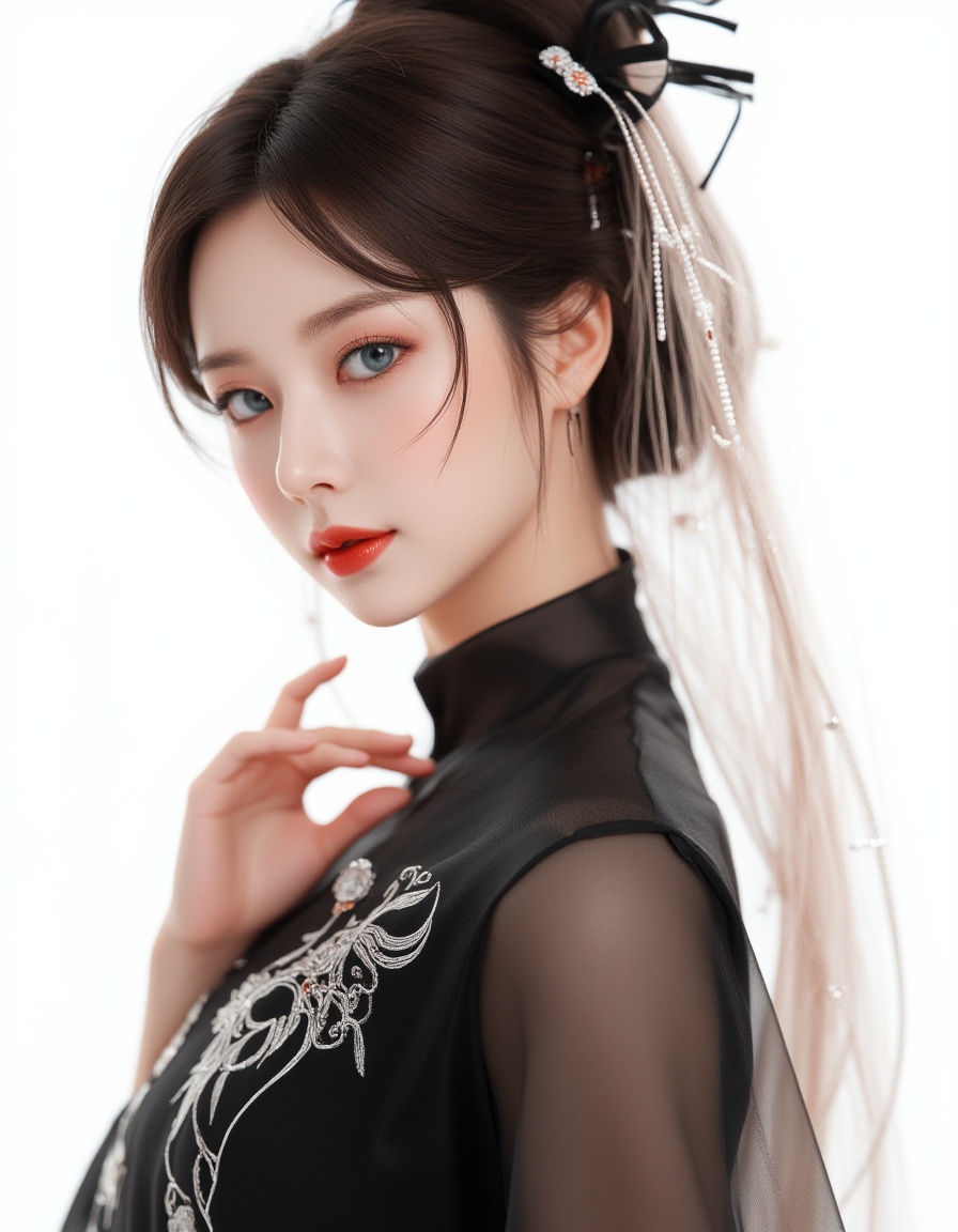 masterpiece:1.2),best quality,high resolution,unity 8k wallpaper,(illustration:1),perfect lighting,extremely detailed CG,finely detail,extremely detailed,soft lighting and shadow,soft yet striking lighting,film grain:1.2,(skin pores:1.2),(detailed skin texture:1),((solo:1.5)),Detailed face,(see-through:1.1),misty,Low Key:1.1,depth of field,It depicts a 3D rendering of an Asian woman wearing a black Chinese dress with white embroidery and red embellishments,her hair styled as a glossy bob,her eyes adorned with blue eyes and her lips painted in dark red,adding a pop of color to her face,with her left hand draped over her right shoulder and her right hand resting on her hip,her right arm is draped in a white dress that adds to the overall composition,and the background is a vibrant white that contrasts sharply with the woman's dress,