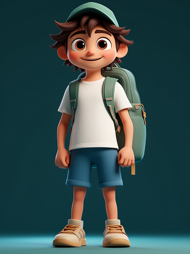 miluo_3d,3D, A lively CGI cartoon of a young lad with light brown skin, big brown peepers, and curly dark hair. He's rocking a green cap, white tee, blue shorts, and beige kicks, with a green backpack. The background is a dark teal gradient.<lora:miluo丨3D 1.3:1>