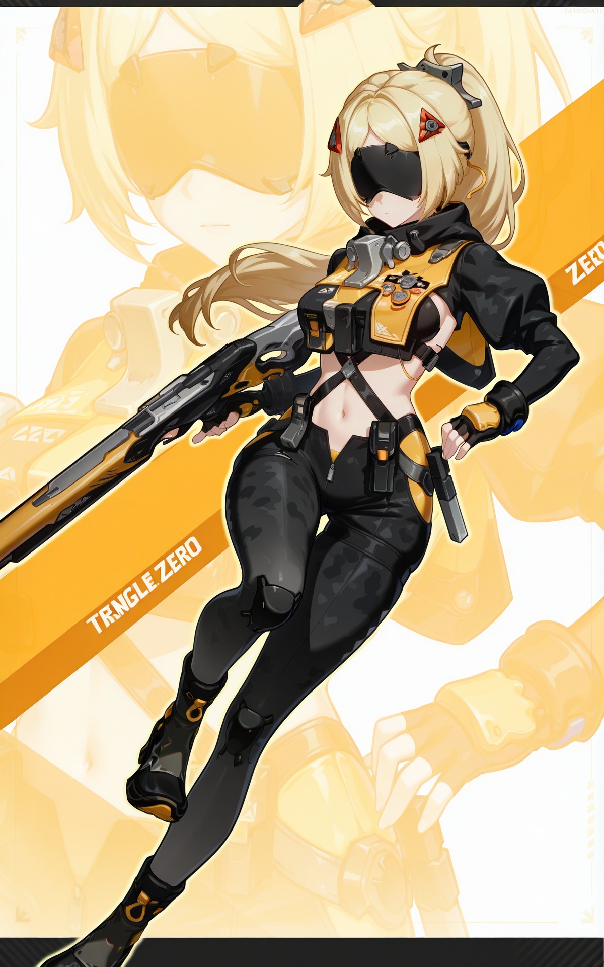 <lora:xl-ill-trigger(zenless zone zero)-v1-000010:0.8>,trigger\(zenless zone zero\),1girl,solo,blonde hair,ponytail,blindfold,covered eyes,breasts,jacket,black jacket,gloves,navel,orange gloves,fingerless gloves,cropped jacket,camouflage,boots,black footwear,weapon,gun,rifle,science fiction,<lora:a40-Honkai Impact 3rd style-v1-20:0.9>,honkai impact 3rd style,zoom layer,