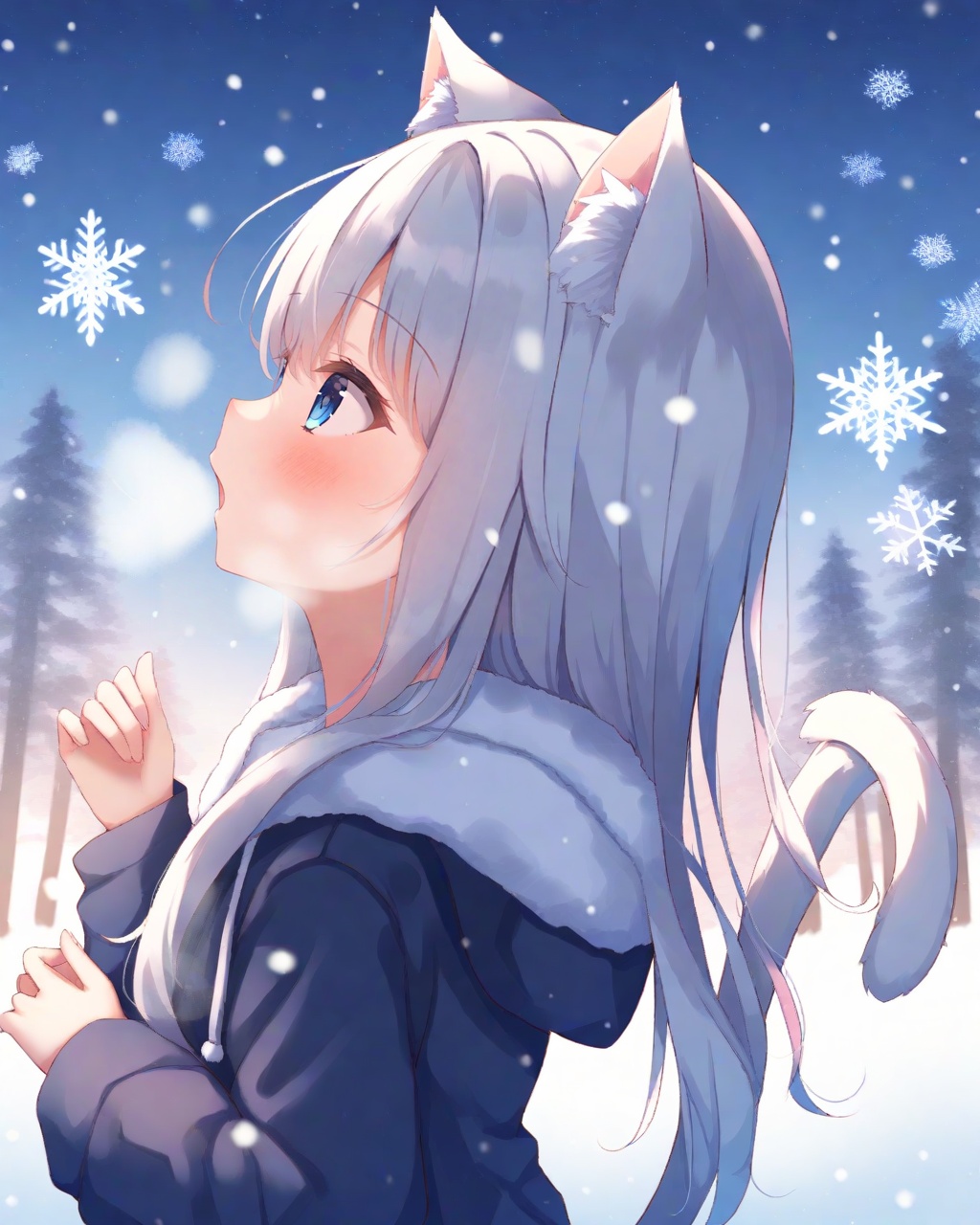 (Best-A:1.1),matcha,1girl, animal ears, tail, blue eyes, solo, cat tail, cat ears, cat girl, white hair, hood, long hair, animal ear fluff, hood down, outdoors, snow, blush, parted lips, upper body, tree, snowing, winter, snowflakes, fur trim, breath, looking up, hooded jacket, from side
