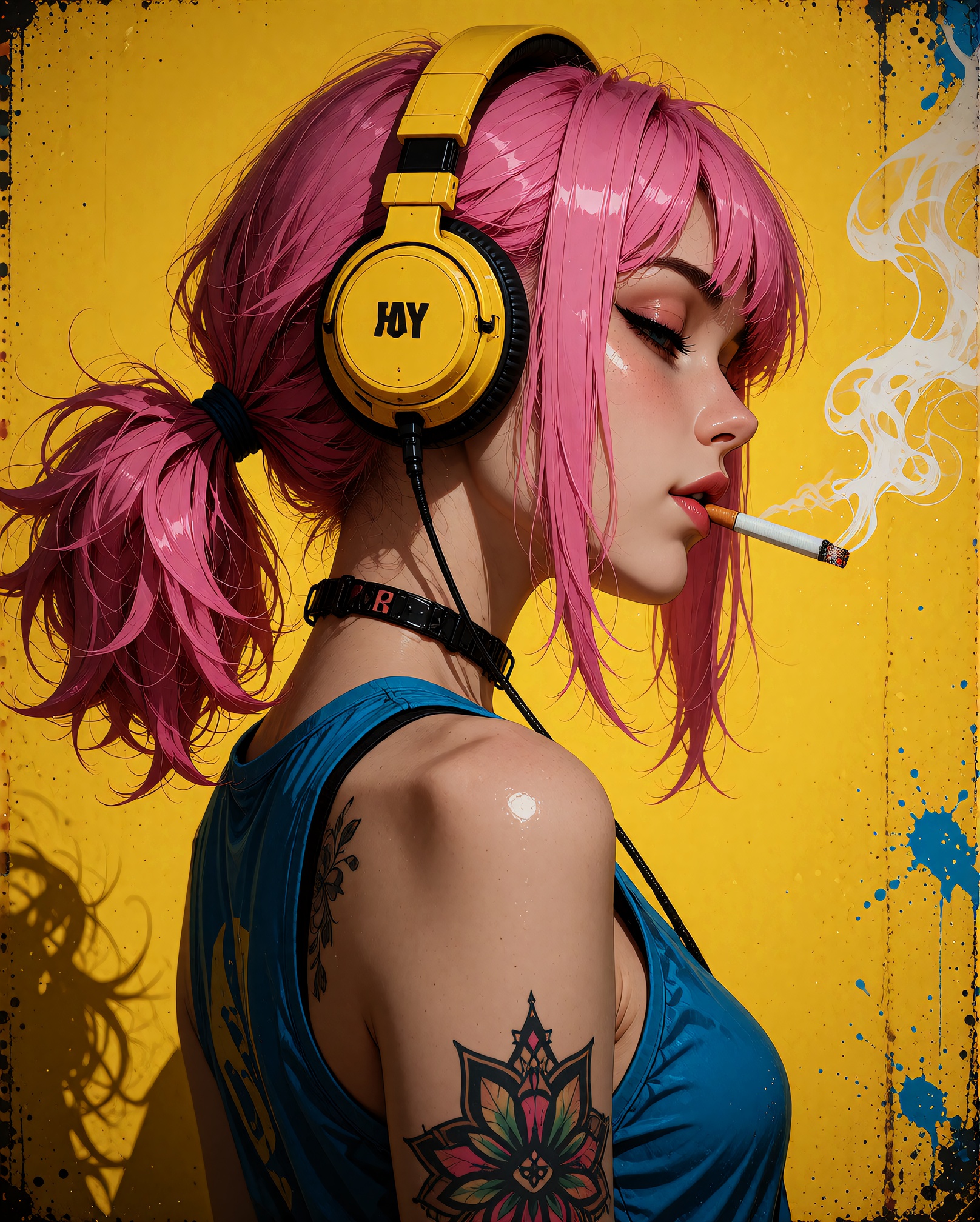 A digital illustration shoot from a profile angle about a ***** woman with pink hair wearing headphones against a bright y...