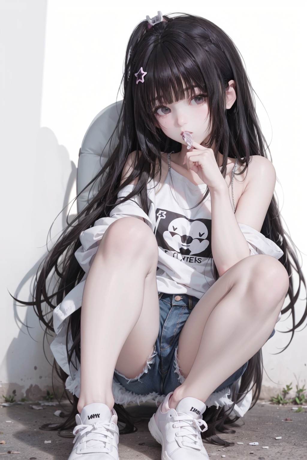 <lora:发型:1>,best quality,masterpiece,illustration,earrings,hand in pocket,Denim shorts,an extremely delicate and beautiful,extremely detailed,CG,unity,8k,wallpaper,Amazing,finely detail,1 girl,solo,street,graffiti,white short sleeved,denim jacket,denim shorts,sneakers,spray painting,graffiti on the wall,hip-hop,street culture,