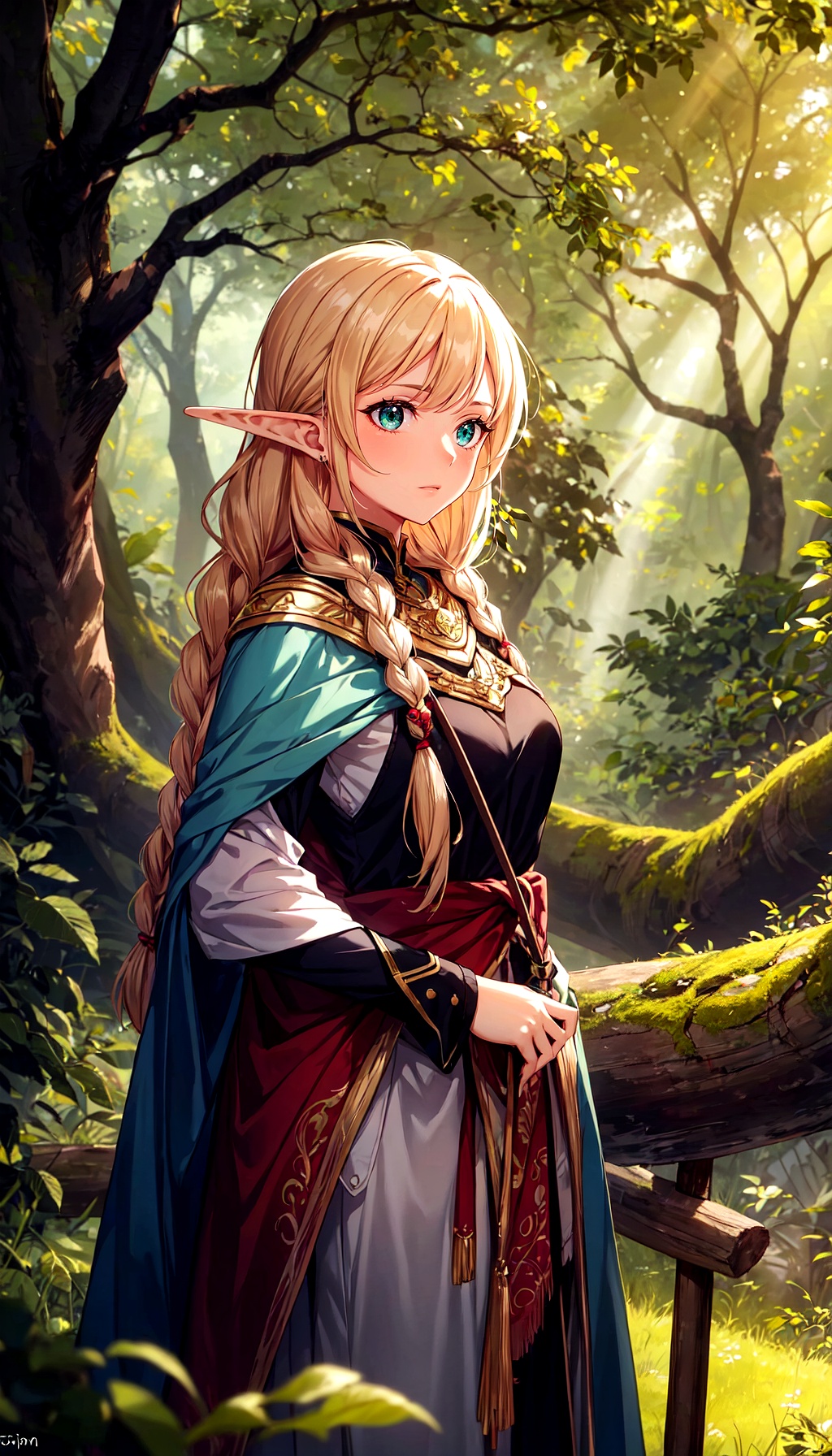 An elven archer stands with elegant precision from side amidst a sun-dappled forest clearing. Her emerald eyes focus inten...