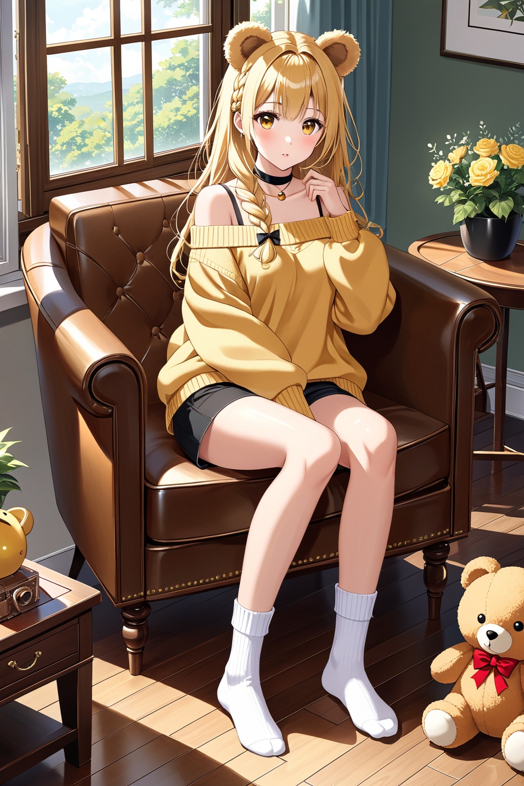 1girl, solo, long hair, looking at viewer, blush, bangs, blonde hair, long sleeves, bow, animal ears, bare shoulders, brown eyes, sitting, collarbone, full body, yellow eyes, braid, ahoge, parted lips, shorts, choker, day, socks, puffy sleeves, indoors, off shoulder, :o, sweater, sleeves past wrists, short shorts, window, single braid, bell, black choker, chair, no shoes, black shorts, stuffed toy, stuffed animal, white socks, couch, teddy bear, wooden floor, on couch, brown sweater, on chair, off-shoulder sweater, armchair, yellow sweater