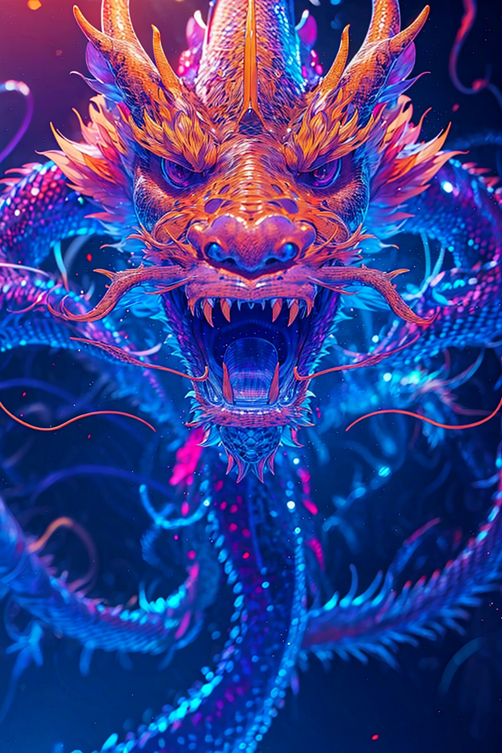 animal,blurry background,depth of field,dragon,eastern dragon,fangs,full body,glowing,kp,monster,no humans,open mouth,scales,sharp teeth,teeth,<lora:kp_全息龙V1:0.8>, kp,, masterpiece, best quality,