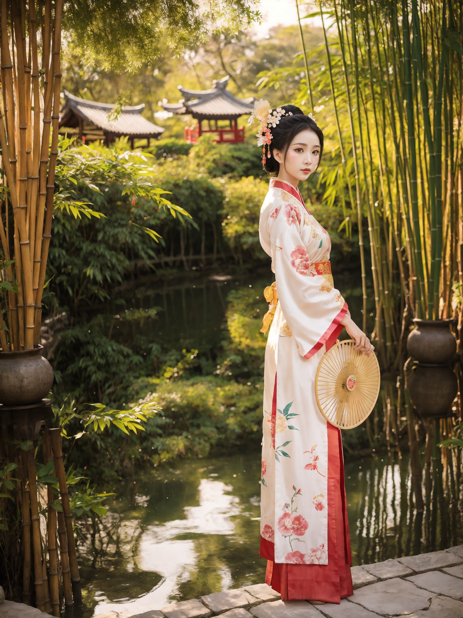 The image showcases a woman dressed in a traditional,possibly ancient,Chinese attire. She is adorned with a floral hairpiece and holds a circular fan with painted designs. The woman stands amidst a serene garden,surrounded by bamboo trees and a calm body of water. The setting sun casts a warm,golden hue over the scene,enhancing the tranquility of the moment.,