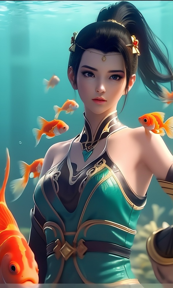 (,1girl, ,best quality, ),looking at viewer, <lora:378-DA-大主宰-唐芊儿:0.8> ,, ,masterpiece, ((((, solo,  goldfish, ,solo focus, ,underwater, )))) ,ultra realistic 8k cg, flawless, clean, masterpiece, professional artwork, famous artwork, cinematic lighting, cinematic bloom,  (( , )),, , unreal, science fiction, luxury, jewelry, diamond, gold, pearl, gem, sapphire, ruby, emerald, intricate detail, delicate pattern, charming, alluring, seductive, erotic, enchanting, hair ornament, necklace, earrings, bracelet, armlet,,(()),
