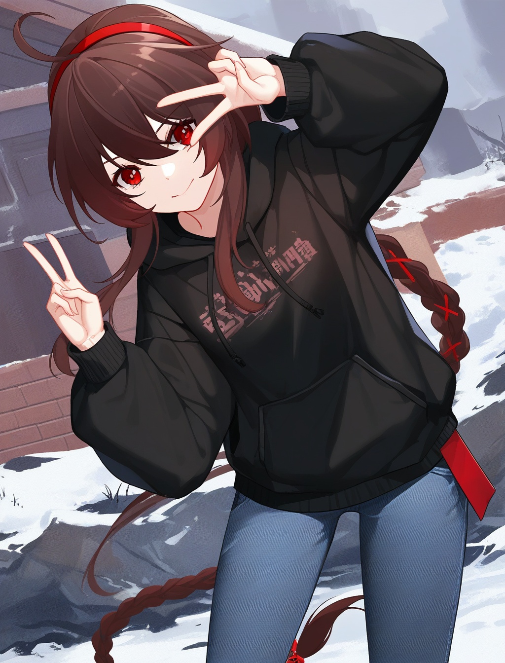 yuezheng ling,1girl,masterpiece,high quality,best quality,beautiful,v,snowy moutain,standing,hoodie,jeans,