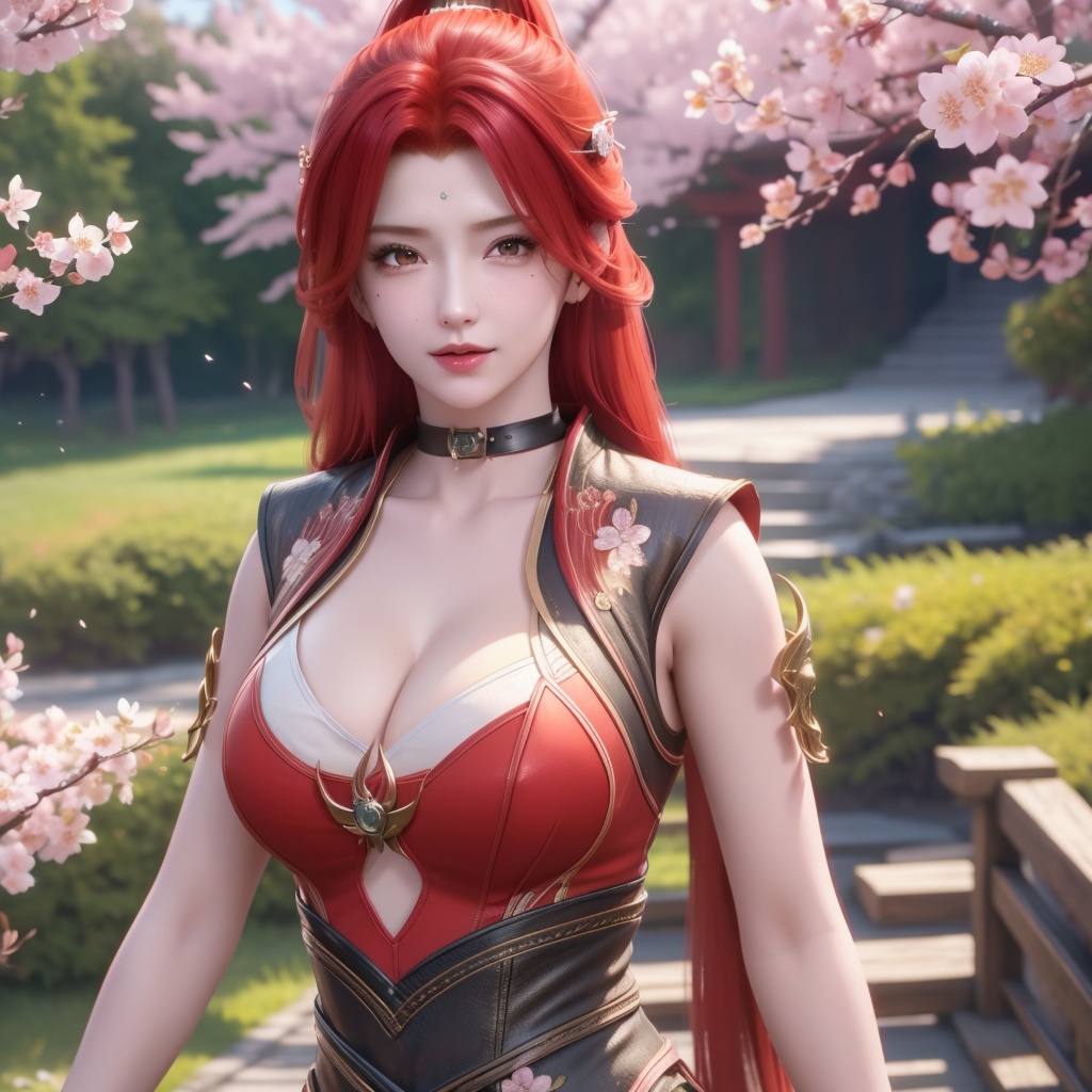 <lora:斗破苍穹-唐火儿:0.8>,red hair,   (,1girl, ,best quality, ),looking at viewer,  ultra detailed background,ultra realistic 8k cg,ultra detailed 8k cg,masterpiece,upper body,  (( , )),, ,science fiction,mole, ultra realistic 8k cg, ,    ,outdoors, sun,sunlight, cherry blossoms,      (cleavage), (),